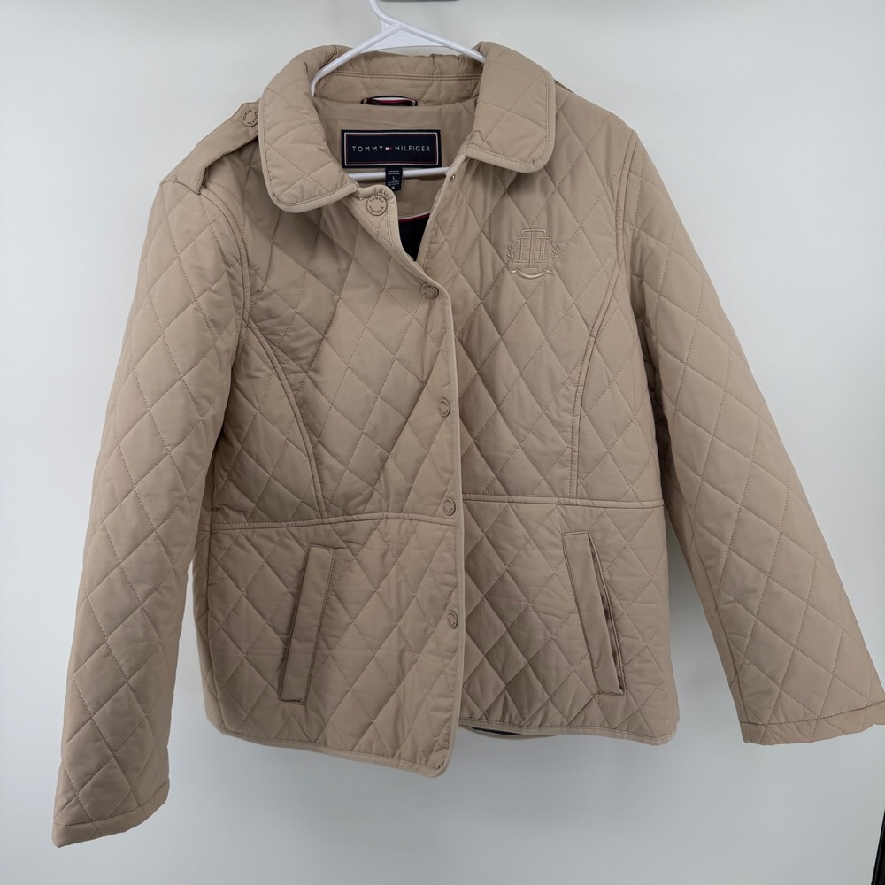 Tommy Hilfiger Womens Tan Diamond Quilted Snap Front Jacket TWJLK2315 Large